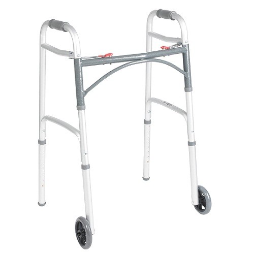 Andadera plegable de dos botones con dos ruedas de 5" Deluxe para adulto