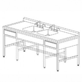 Mesa alta de 230 cm con doble fregadero central y cajones