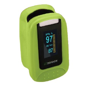 Oximetro de pulso color verde, azul, rosy y negro con pantalla a color